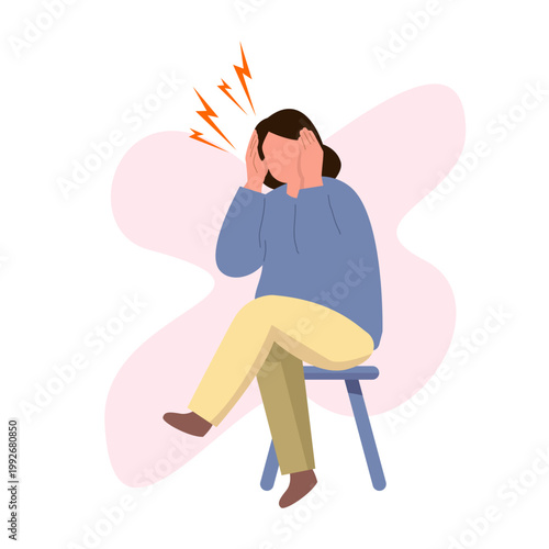 Woman suffering headache stress migraine sitting on chair flat vector illustration