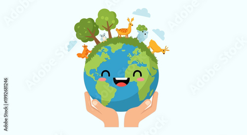 Cute cartoon planet earth held by hands with trees and animals on top.