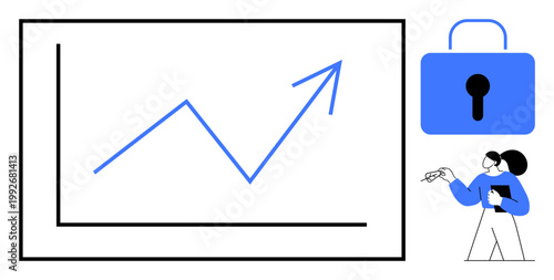Data security, growth analytics, online protection, cybersecurity, business development, secure performance. Line chart with upward arrow, lock icon and person holding a tablet. Cybersecurity