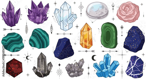 Crystal and Gemstone Illustrations Featuring Amethyst, Quartz, Citrine, Malachite, and Other Minerals for Spiritual and Decorative Design