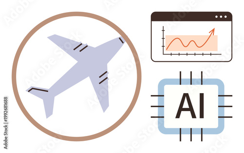 Aviation technology, data visualization, artificial intelligence, machine learning, automation, innovation. Airplane, graph and AI chip illustration. Aviation technology and data visualization