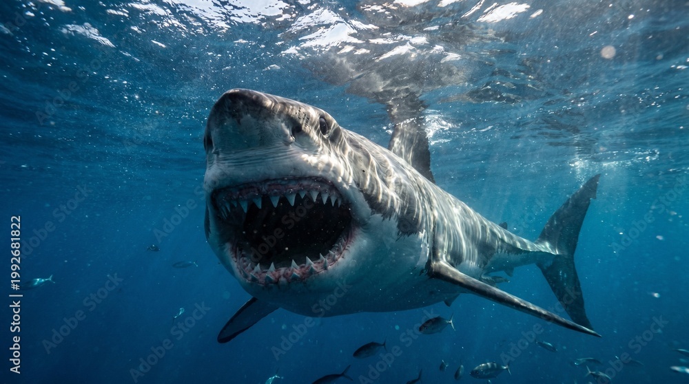 Obraz premium A large shark swims underwater with its mouth open towards the camera in clear blue ocean water with sunlight filtering through.