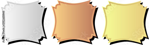 アンティーク調の立体縁取りとドロップシャドウが美しいクラシック装飾フレームセット（金・銀・ブロンズ）背景透過風デザイン素材