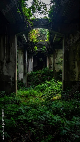 Abandoned structure overgrown with lush greenery and vines
