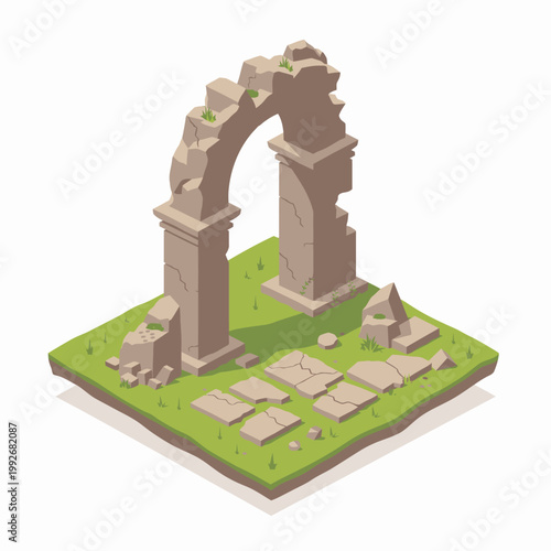 An isometric vector illustration of an ancient ruined arch on a small plot of green land, an emblem of a glorious past