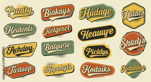 A set of rustic vintage-style badges and labels with classic Western-inspired typography and decorative borders, designed to create an authentic weathered brand identity for traditional or artisanal p
