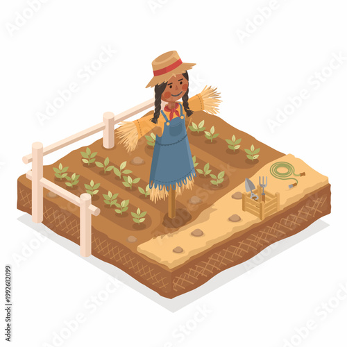 An isometric vector illustration of a scarecrow standing guard in a cultivated garden. Beside the garden tools lay, ready for the tending