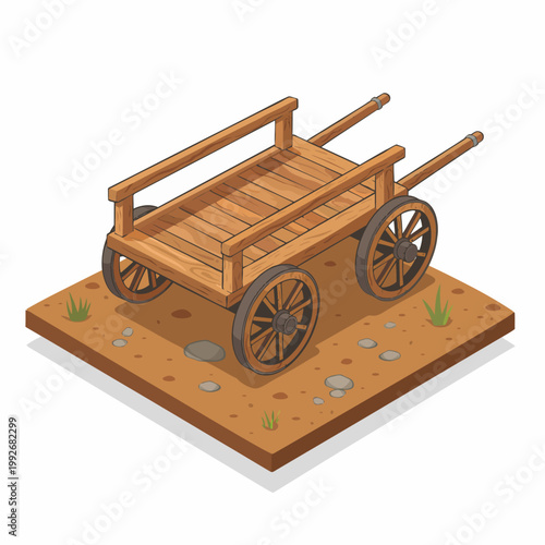 An isometric illustration of a rustic wooden cart with two wheels, resting on a patch of dry earth.