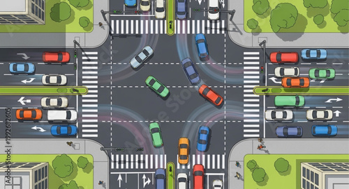 Busy City Intersection With Traffic Flow From Above.