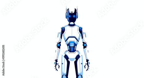 Futuristic Robot Character Standing Isolated on White Background