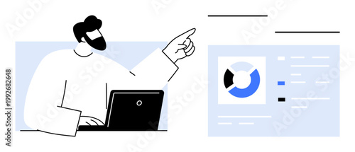 Data analysis. Male professional analyzing data with statistical graphs on a digital interface. Data analysis streamlines decision-making, aids reporting, and supports business systems. Applicable