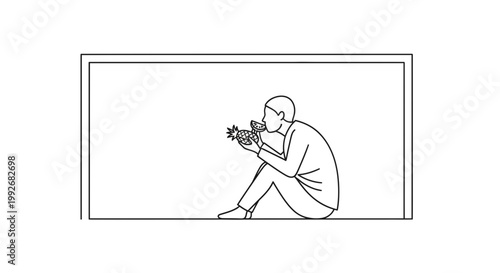Person eating pineapple slice, sitting in frame, line art illustration