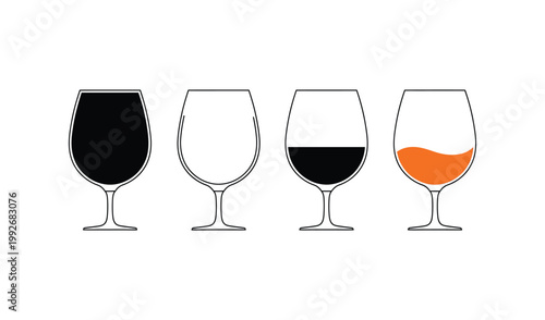 Four wine glasses with different types of wine including red, white, rose, and an empty glass, elegant and sophisticated illustration.