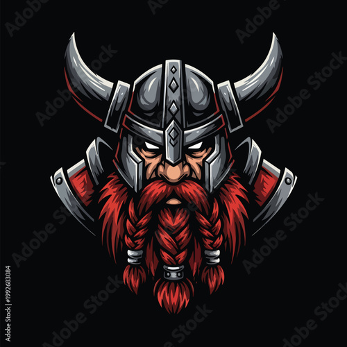 Fierce Viking Warrior Mascot Illustration with Braided Red Beard and Horned Helmet.