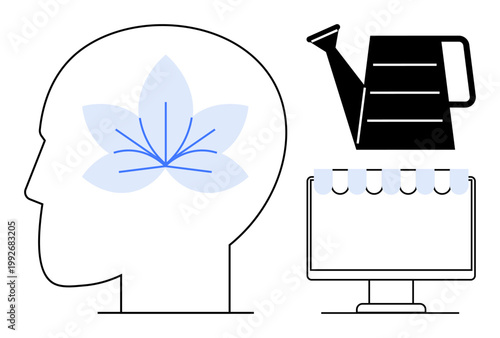 Personal growth, creativity, digital innovation, mindfulness, productivity, education. Profile of a human head, flower watering can and computer. Personal growth and creativity