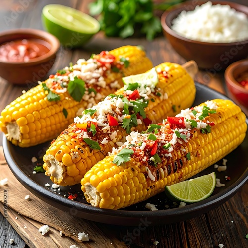 Grilled corn on the cob with various toppings on a plate