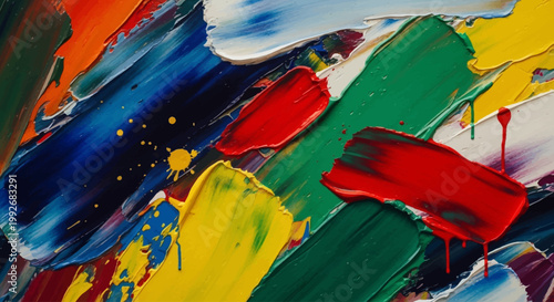 A close-up artistic shot of thick oil paint applied with a palette knife, featuring bold swipes of red, yellow, and deep blue that emphasize rich physical texture and artisanal creative techniques.