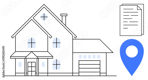 Real estate, property search, home buying, renting, mortgage, housing market. A house outline with a location pin and document. Real estate and property search