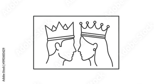 King and Queen Profile Silhouette with Crowns, Royal Couple Facing Each Other