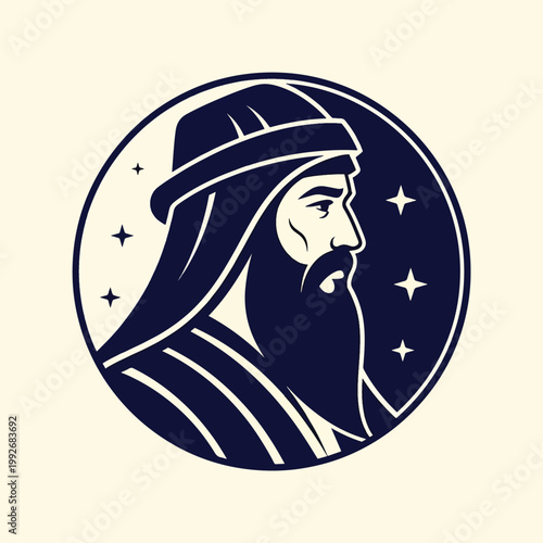 Illustration of a bearded man wearing a head covering in a circular frame.