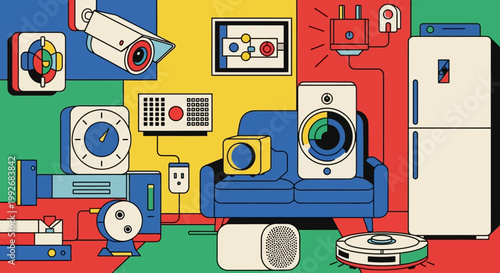 Vibrant illustration of household appliances and gadgets