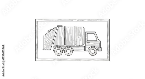 Hand-drawn illustration of a garbage truck, recycling vehicle, waste management truck, sketch style