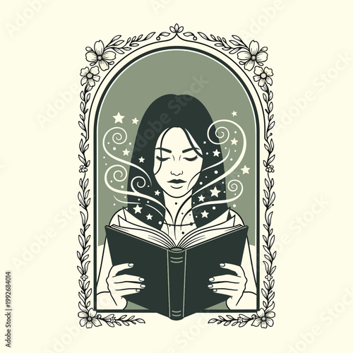 A young woman reading a magic book with swirling stars and mystical energy.