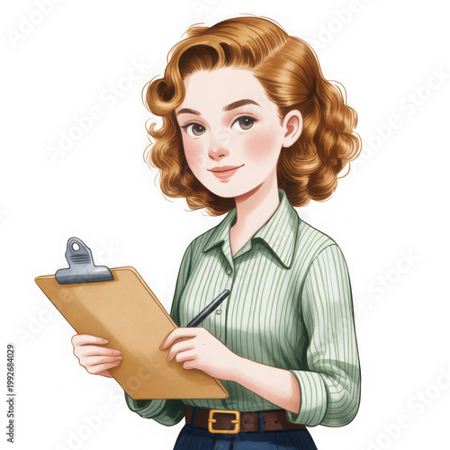 Professional woman holding clipboard with pen, vintage-inspired illustration