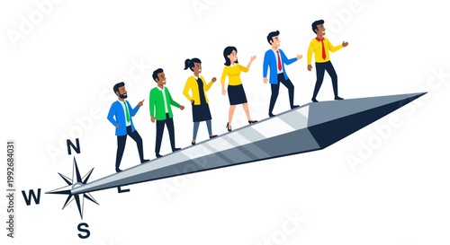 Business people walking on a compass needle.