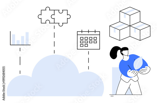 Cloud technology, teamwork, logistics, digital data, analysis, workflow. Visual elements include a cloud, graphs puzzle pieces boxes calendar and a person holding a globe. Cloud technology