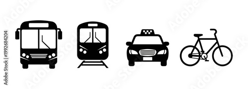 Essential urban transportation icons vector silhouettes of bus, train, taxi, and bicycle representing diverse city mobility, travel options, and modern commuting
