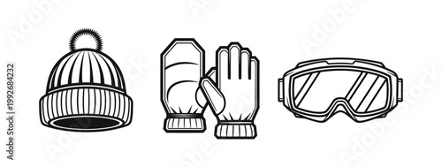 Winter accessories icons knitted hat, gloves, and ski goggles for cold weather activities and sports