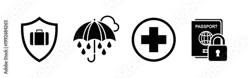 Travel insurance icons passport, lock, shield, umbrella, rain, medical cross, and suitcase for comprehensive coverage