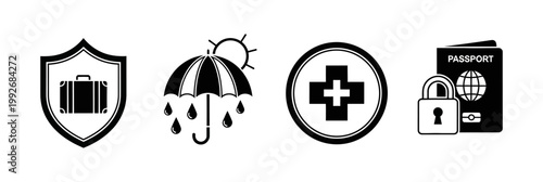 Vital vector icons for travel insurance and safety, covering luggage protection, weather preparedness, medical assistance, and secure passport handling for worry-free journeys