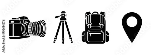 A black and white illustration set featuring a DSLR camera, a tripod, a backpack, and a location pin icon symbolizing photography and travel adventures