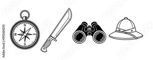 Collection of Safari Adventure Essentials Compass, Machete, Binoculars, and Pith Helmet