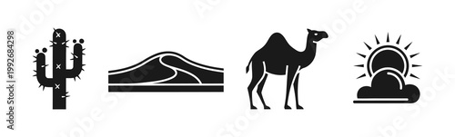 Desert icons, including a cactus, sand dunes, a camel, and sun with clouds, depicting arid landscapes and desert life