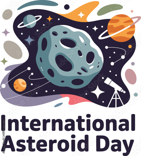 International asteroid day with planets stars and telescope space galaxy cosmos
