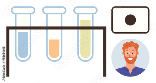 Education, science, research, chemistry, laboratory, biotechnology. Test tubes with colored liquids, microscope slide smiling scientist illustration. Science and chemistry conceptual