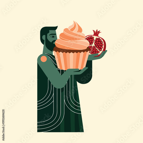 Ancient Greek god Hades holding a cupcake and a pomegranate.