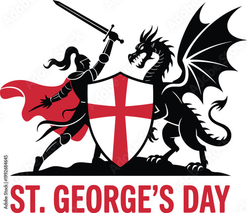 Knight fighting dragon with shield and red cape text st georges day sword battle