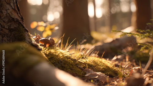 Sunlit Forest Floor Moss Leaves and a Glimpse of Natures Beauty.