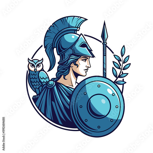 Athena Greek Goddess Illustration with Owl and Shield.