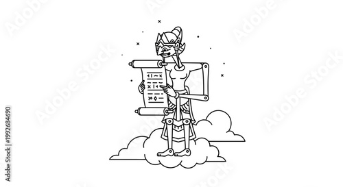 Wayang Kulit Puppet Character Holding Scroll on Clouds