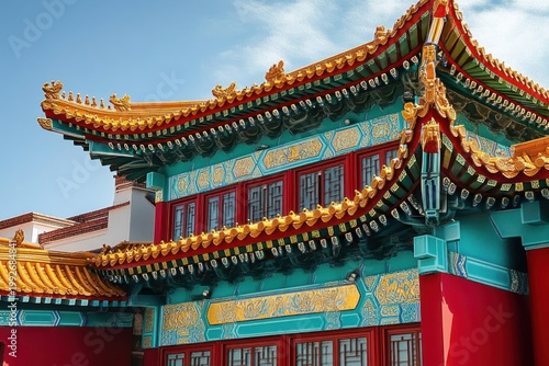 Vibrant ornate traditional temple roof and facade with golden upturned eaves, red lattice windows, turquoise decorative panels and intricate carvings under a clear sky, majestic
