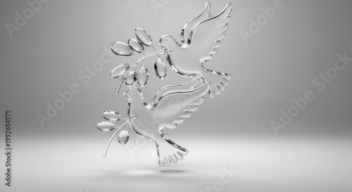 Two doves rendered in glassy silver, holding olive branches