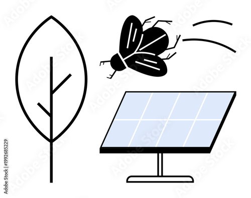 Environmental awareness, renewable energy, sustainability, green technology, ecosystem conservation, biodiversity. Leaf, flying insect and solar panel combined. Renewable energy and sustainability