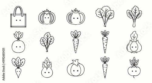 Minimalist line art collection of various fresh vegetables and a shopping bag, perfect for healthy eating, organic food, and vegan lifestyle concepts.