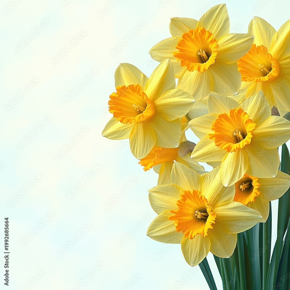 Fototapeta premium cluster of bright yellow daffodil blooms with green stems against a soft pastel background conveying cheerful spring freshness