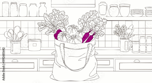 Fresh vegetables in a shopping bag on a kitchen counter, healthy eating and organic food concept, line art illustration